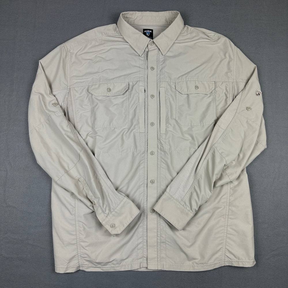 Kuhl Mens XXL Tan Long Sleeve Ventilated Hiking Fishing Button Up Utility Shirt